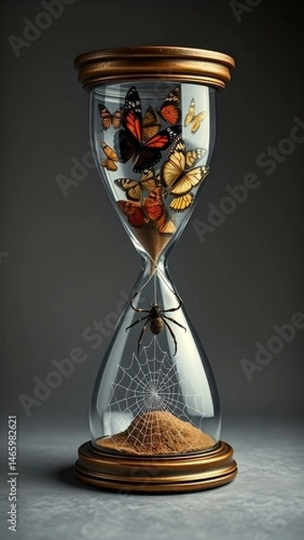 Fototapeta Time's Captive Beauty: Vintage Hourglass with Spider and Butterflies
Concept: Contrasting elements, captivity, fleeting beauty