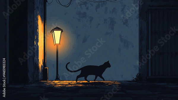 Fototapeta Silhouette of a cat walking in a dark alleyway illuminated by a single street lamp, casting warm shadows on the wall and ground