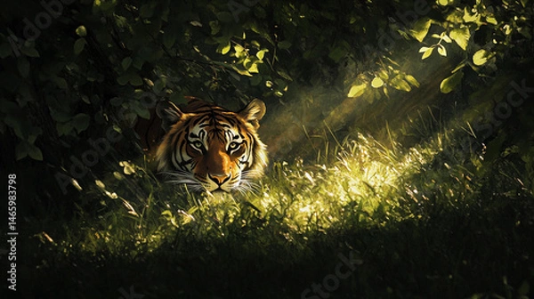 Fototapeta A tiger partially hidden in the foliage with sunlight streaming through the leaves and illuminating the grass in front of it