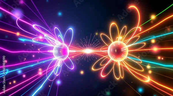 Fototapeta The illustration shows vibrant colored lines representing positrons and electrons colliding, creating a burst of light as they annihilate each other and release energy in the form of photons