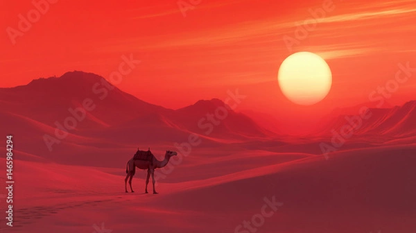 Fototapeta A camel standing in a desert landscape with a vibrant red sky and sun setting or rising in the background, creating a mirror-like effect on the reflective ground