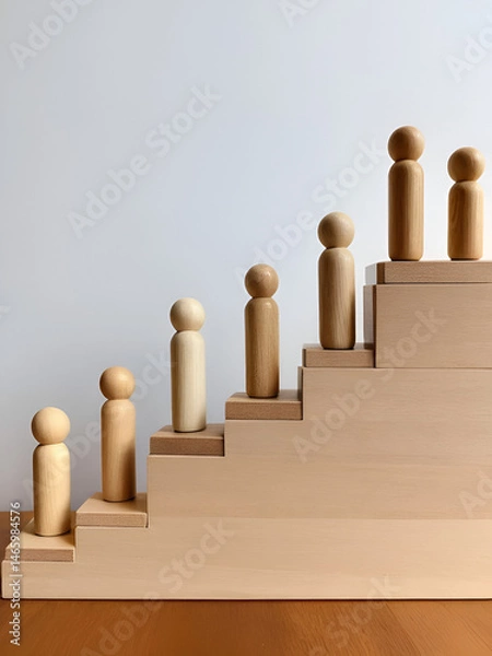 Obraz Wooden Peg Dolls Ascending a Staircase of Blocks