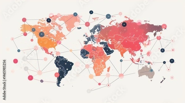 Fototapeta Flat vector world map with connected dots and lines, symbolizing global networks. Perfect for business, tech, and communication themes. Clean, modern, and scalable design.