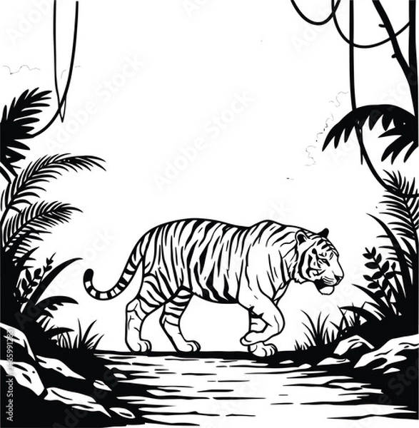 Fototapeta Tiger Walking Jungle Silhouette Vector