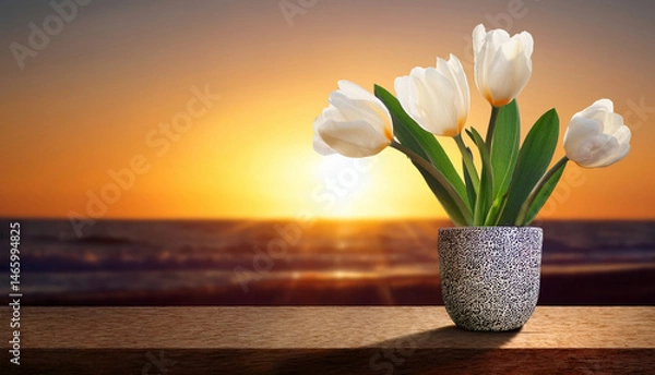 Obraz Tulip in a Pot Silhouetted Against a Sunset