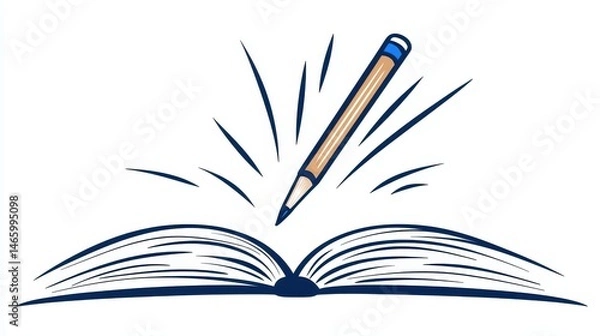 Obraz Pencil Writing in Open Book Blue and Brown Illustration