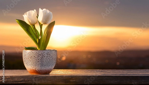 Obraz Tulip in a Pot Silhouetted Against a Sunset