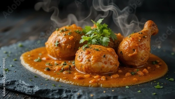 Fototapeta Deliciously plated chicken pieces in rich curry sauce, garnished with fresh herbs. Steam rises, adding warmth to this enticing dish for food lovers.
