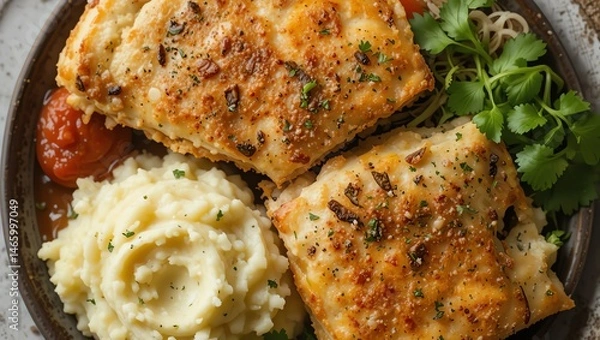 Fototapeta Deliciously plated fish fillets served with creamy mashed potatoes and fresh herbs, showcasing mouthwatering flavors in a beautifully arranged meal.