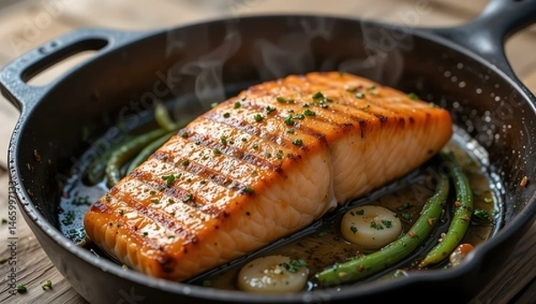 Fototapeta Grilled salmon fillet served in a sizzling cast iron skillet with fresh green beans. Perfect for showcasing delicious and healthy meal options.