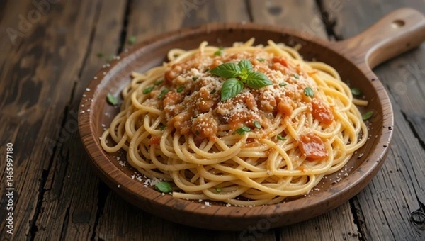 Fototapeta Indulge in a plate of spaghetti topped with rich meat sauce, garnished with fresh herbs, offering a delightful culinary experience for pasta lovers.