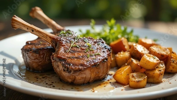 Fototapeta Succulent grilled lamb chops served with roasted vegetables and fresh herbs, perfect for a gourmet meal or elegant dinner party.