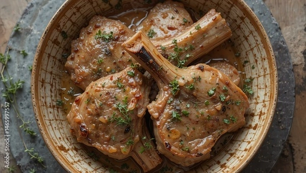 Fototapeta Succulent pork chops cooked to perfection, seasoned with herbs and spices, served in a rustic dish. Ideal for culinary inspiration and home cooking.