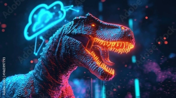 Fototapeta Futuristic dinosaur with neon lights and a glowing cloud.