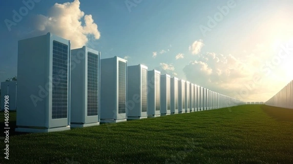 Fototapeta Futuristic energy storage units aligned in a row on a grassy field under a partly cloudy sky.  