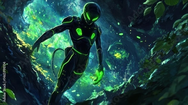 Fototapeta Futuristic figure in glowing cave environment.