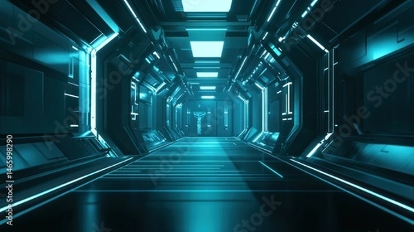 Fototapeta Futuristic, glowing, teal corridor with advanced technology.
