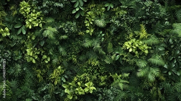 Fototapeta Lush green foliage wall, various plant types densely packed together creating a vibrant, natural backdrop