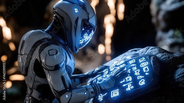 Fototapeta Futuristic robot examines ancient hieroglyphs on a rock.