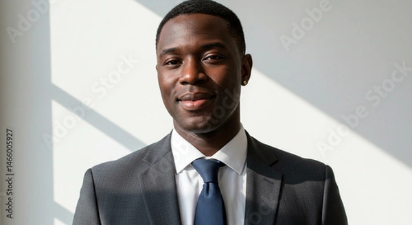 Fototapeta Smiling businessman in suit, confident and professional, against white wall with shadows. Success and trust in one portrait.