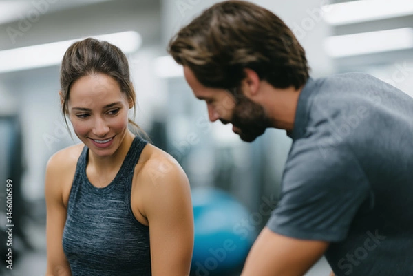 Fototapeta Female athlete in sleeveless sports top smiles while receiving guidance from male personal trainer in modern gym, showing motivation and encouragement