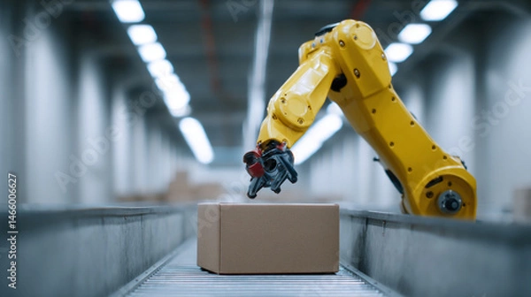 Fototapeta Robotic arm automation logistics warehouse package conveyor technology industry yellow efficiency�A robotic arm efficiently manages package conveyor modern warehouse showcasing advanced automation
