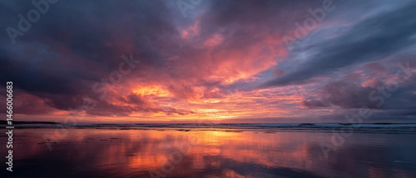 Fototapeta Dramatic sunset sky with vibrant clouds reflecting on calm ocean water, creating peaceful and colorful seascape atmosphere with warm and cool tones blending beautifully