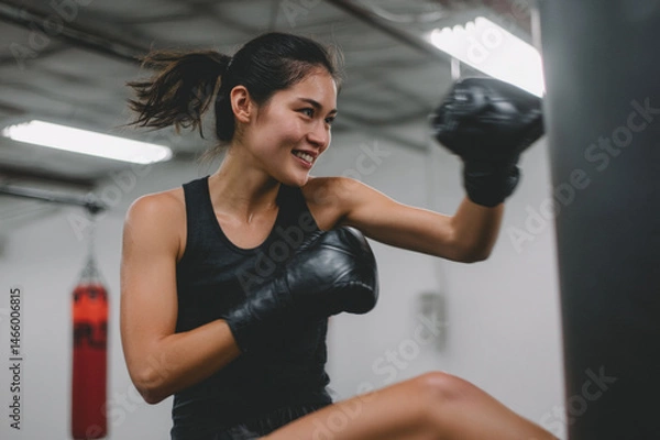 Fototapeta Asian female athlete in black tank top and gloves smiling while practicing kickboxing, showing strength and determination in gym environment with punching bag