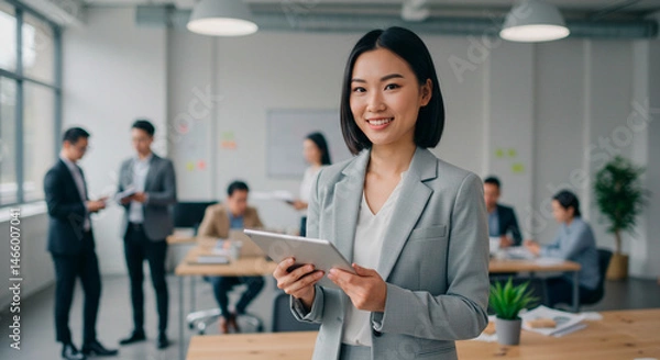 Fototapeta Young professional woman in business attire stands in a modern office space while holding a tablet and smiling confidently.
