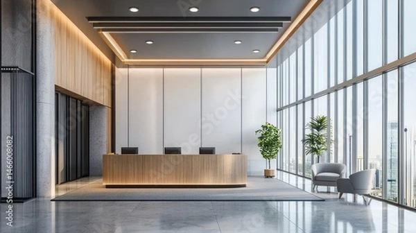 Fototapeta A modern office lobby with a large glass wall, a wooden reception desk, and a large plant in the background.