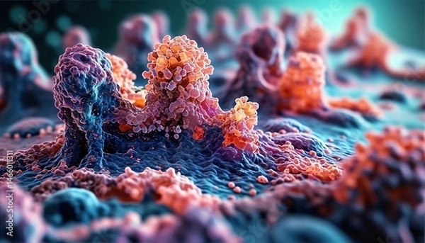 Fototapeta Microscopic view of cancer cells, detailed 3D medical illustration of tumor growth on tissue surface