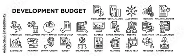 Fototapeta development budget icon set. Editable Stroke Icon Collection. Development, Cost Analysis, Fund Allocation, Revenue Growth, Financial Report, Expense Tracking, Grant Approval, Budget Meeting, Project i