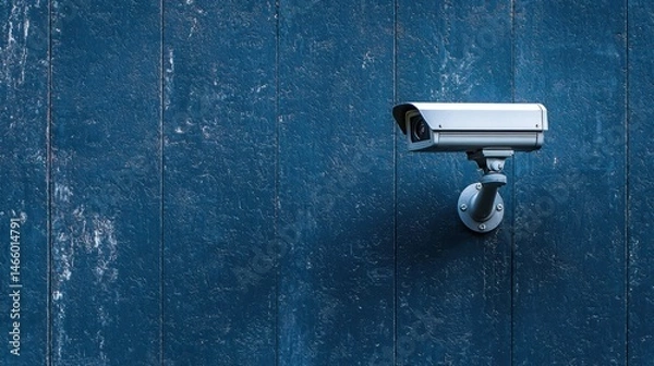 Fototapeta A security camera mounted on a blue wooden wall.