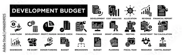 Fototapeta development budget icon set. Editable Stroke Icon Collection. Development, Cost Analysis, Fund Allocation, Revenue Growth, Financial Report, Expense Tracking, Grant Approval, Budget Meeting, Project i