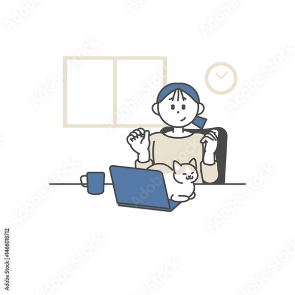 Fototapeta 猫にパソコンに乗られて困っている女性