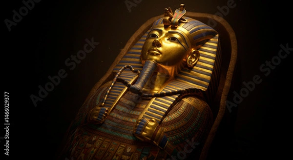 Fototapeta Golden sarcophagus with intricate details and hieroglyphs, illuminated in a dark tomb, symbolizing ancient history and mystery.