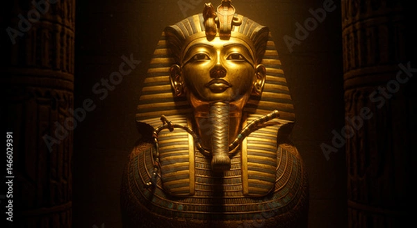 Obraz Golden death mask gleaming in the dark, ancient chamber. A regal visage from an ancient era of pharaohs and pyramids.