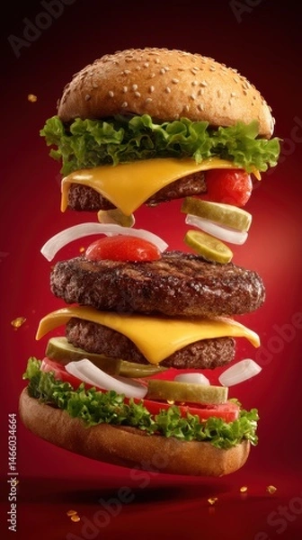 Fototapeta Floating hamburger ingredients with lettuce onion tomato pickles cheese and beef patties in mid air