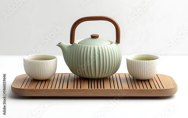 Fototapeta Teapot with wooden handle sits alongside two tea filled cups on a bamboo tray