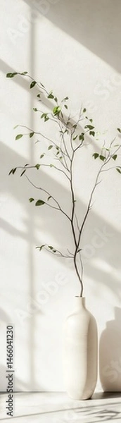 Obraz Minimalist interior with a large ceramic vase holding green branches against a plain white wall soft shadows cast by natural light creating a serene atmosphere