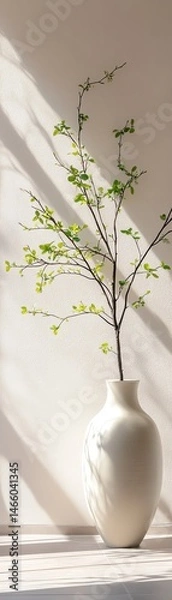 Obraz Minimalist interior with a large ceramic vase holding green branches against a plain white wall soft shadows cast by natural light creating a serene atmosphere