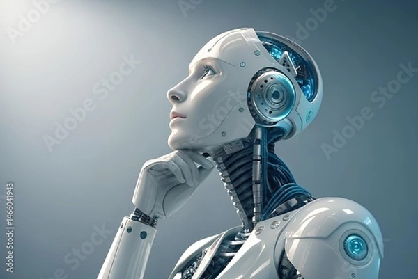 Obraz Futuristic Humanoid Robot in Thoughtful Pose – AI Concept Art
