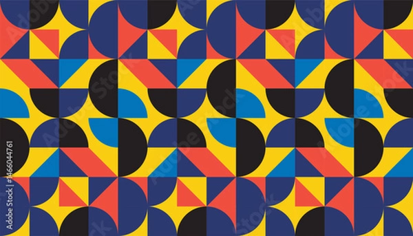 Fototapeta Colorful geometric seamless pattern featuring semicircles, triangles, and squares in a vibrant primary color palette.