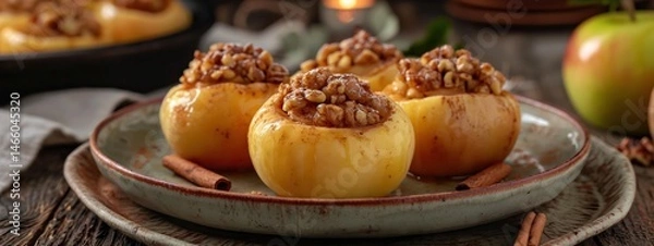 Fototapeta Baked Apples Stuffed With Nuts and Cinnamon on a Rustic Plate in a Cozy Dining Setup With Warm Lighting