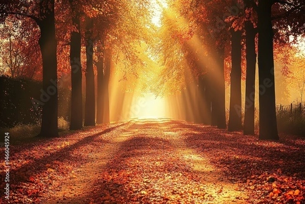 Obraz Sunbeams illuminate autumnal path through trees, leaves scattered on ground