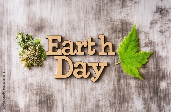Obraz Earth Day celebration, with small sprigs of moss and a vibrant green leaf, displayed on a weathered surface