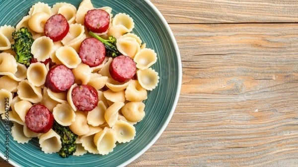 Fototapeta A plate of pasta with sliced sausage and greens, served on a rustic wooden table.