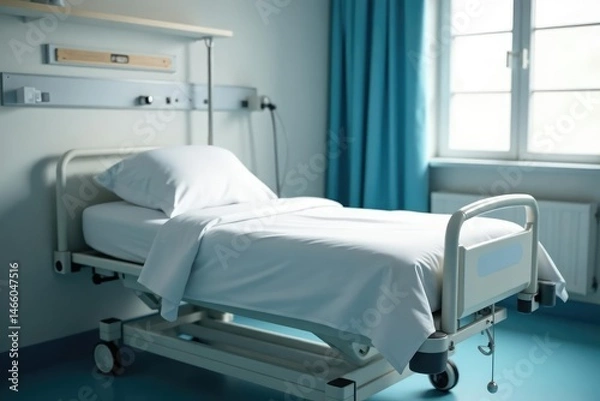 Fototapeta Empty hospital bed, crisp white sheets, ready for a patient , sheets, healthcare setting, wellness