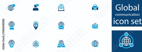 Fototapeta Global communication icon set. Communicate worldwide with people concept. International network with talking person symbol.