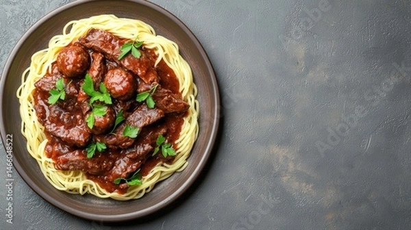 Fototapeta A plate of spaghetti topped with rich meat sauce, meatballs, and fresh parsley on a dark background.
